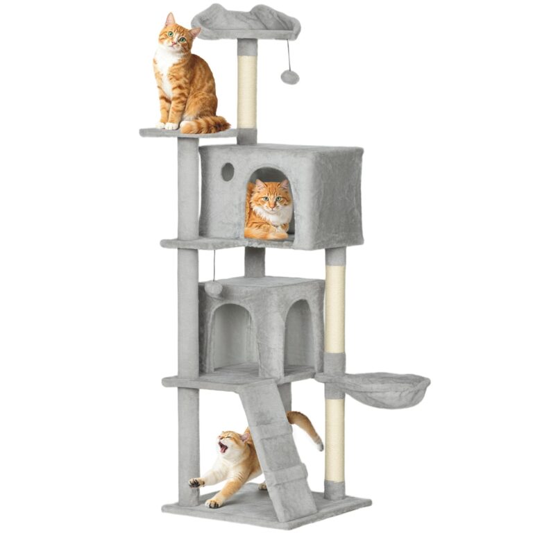 PawHut Tiragraffi per Gatti Alto 160 cm con 3 Pali Graffiatoi Grigio Chiaro | Albero per Gatti Multilivello, 2 Grotte, Cuccia, Amaca, 2 Pompon, Piattaforma, Scala, Torre per Gatti…