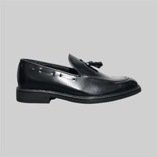 Scarpe Nappine Tassel Loafers Pelle Lucida Abrasivata Nero Made in Italy