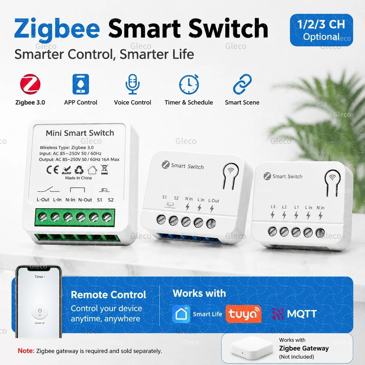 Interruttore Intelligente Zigbee 1/2/3 Gang, Modulo Relè Esterno Mini per Smart Life, App TUYA, Controllo Remoto Zigbee2mqtt