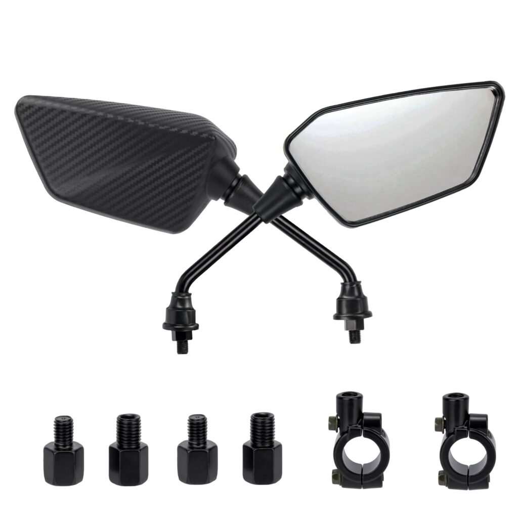CINQUECUORI – Specchietti Retrovisori Moto Universali Bar End Regolabili, in ABS e Acciaio Carbon Look, Design Sportivo, Compatibili con Scooter, Moto Naked, Bici Elettriche, Faci…
