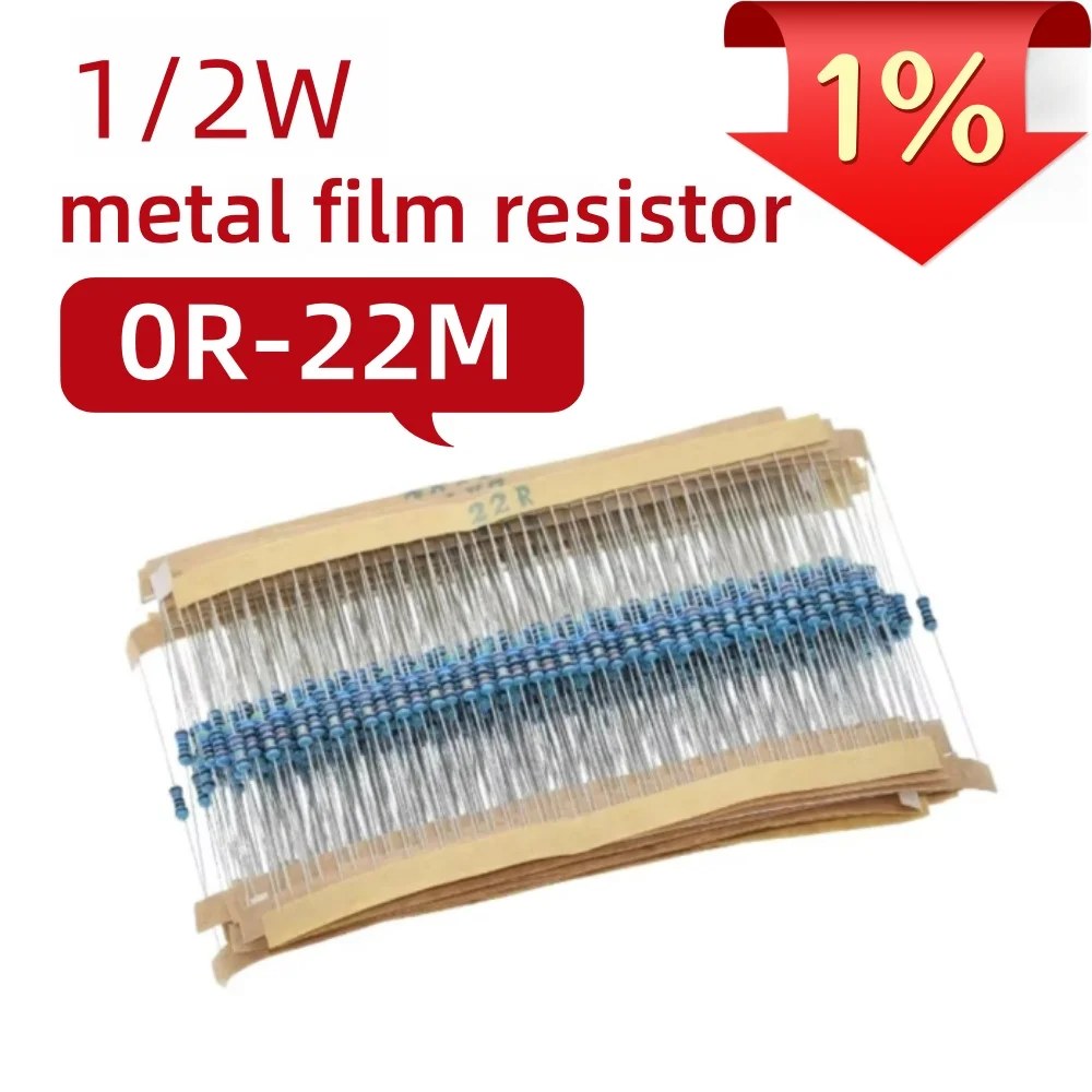 100 pz, Resistori a Film Metallico 0.5W 0R-22M 1% 1/2W 0 2.2 10 100 150 220 270 330 470 1K 2.2K 4.7K 10K 47K 100K 470K 1M 10M 20M Ohm