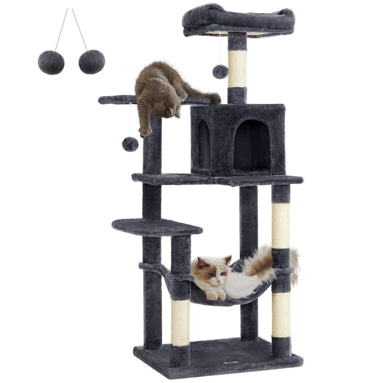 Feandrea Albero per Gatti, 143 cm, 4 Pali Graffiatoi, a Più Livelli | Tiragraffi, 2 Posatoi, 1 Grotta, 1 Amaca, 2 Pompon, in Peluche, Grigio Scuro, Collezione CLAWFY PCT161G01
