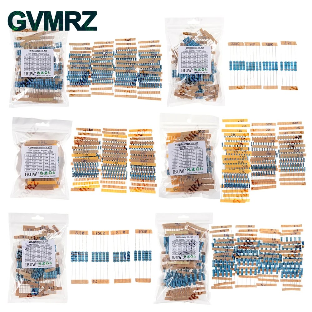 Set di resistenze 1/4W 1/2W 1W 2W 3W Kit di assortimento di resistenze a film metallico 1% 1K~820K 0.1R~750R 10K