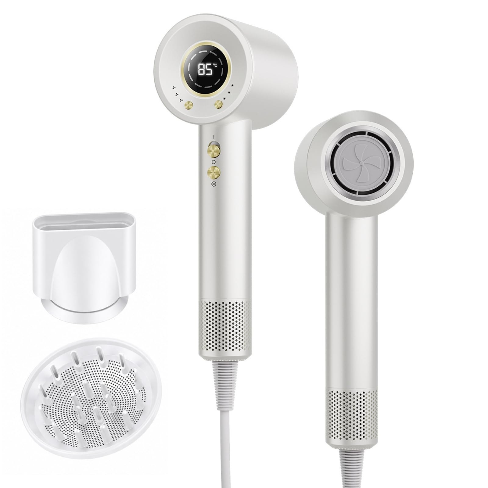 Asciugacapelli Ionico 180,000 RPM Phon Capelli Professionale 500 Milioni Ioni Negativi, 4 Temperature 3 Velocità, Display LED, Termoregolazione intelligente, Basso Rumore, 2 Acces…