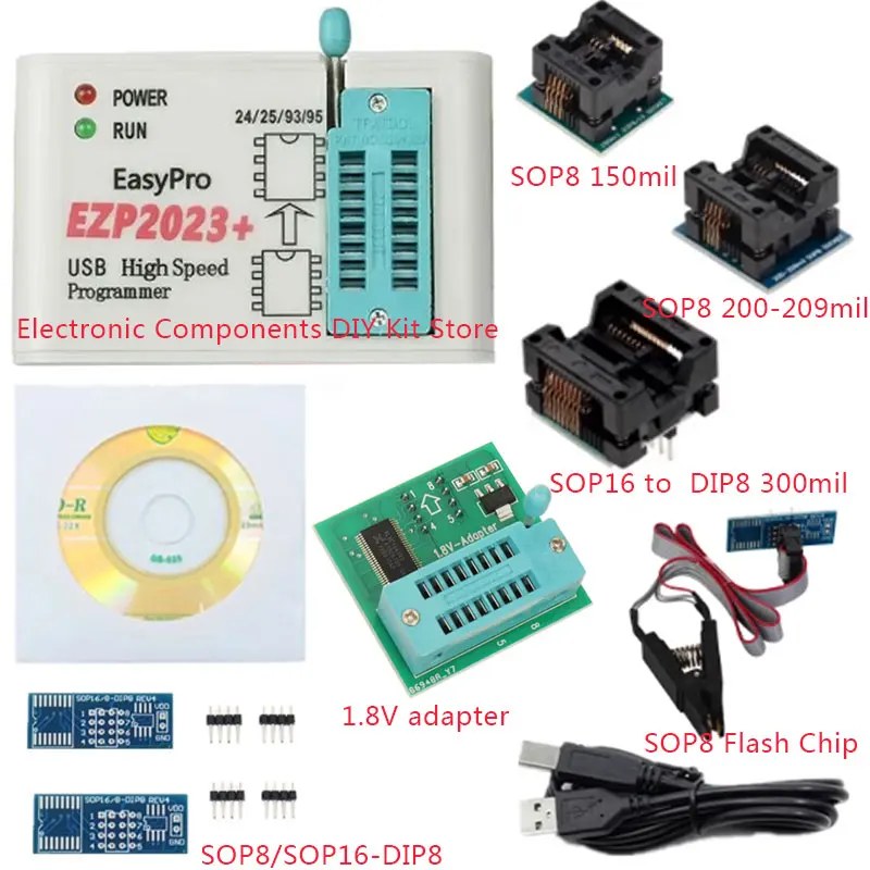 Programmatore SPI USB ad alta velocità EZP2023 + 12 adattatori Supporto 24 25 26 93 95 EEPROM 25 Chip Flash Bios Meglio di EZP2019
