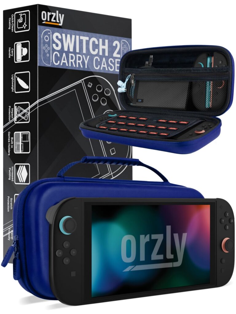 Orzly Custodia per Nintendo Switch 2, custodia protettiva da viaggio con pad per lo schermo, schede di gioco e slot MicroSD con tasche per gli accessori della console