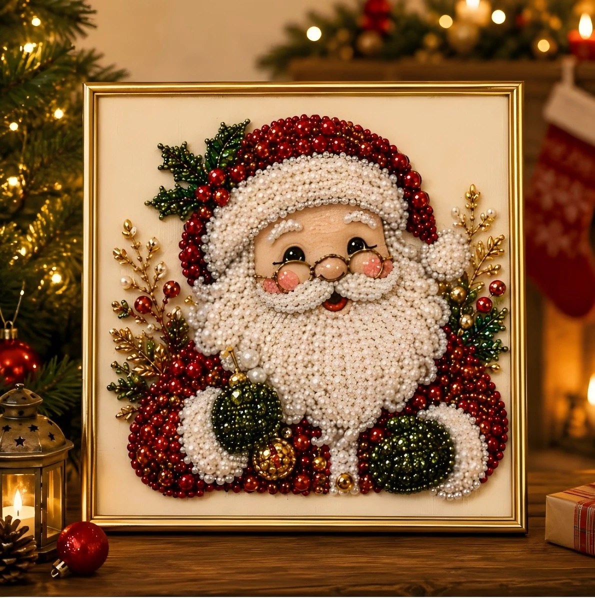 Kit Artistico Pittura Diamante Perla Babbo Natale Fai da Te, Quadro Decorativo Natalizio per Atmosfera Festiva, Regalo