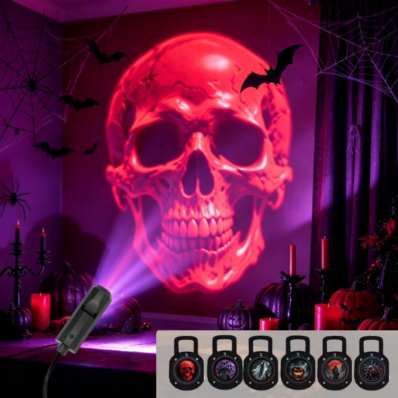 Lampada di Proiezione LED USB per Halloween, 3/6 Motivi Luminosi: Fantasma, Pipistrello, Ragno, Scheletro, Luce Atmosferica per Halloween, Decorazione Festiva