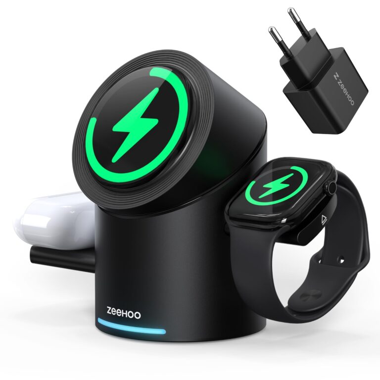 ZEEHOO - Stazione di ricarica wireless CylinTrick-R da 15 W, stazione di ricarica 3 in 1, per Apple Watch, per iPhone, per AirPods (adattatore per caricabatterie da 30 W incluso)