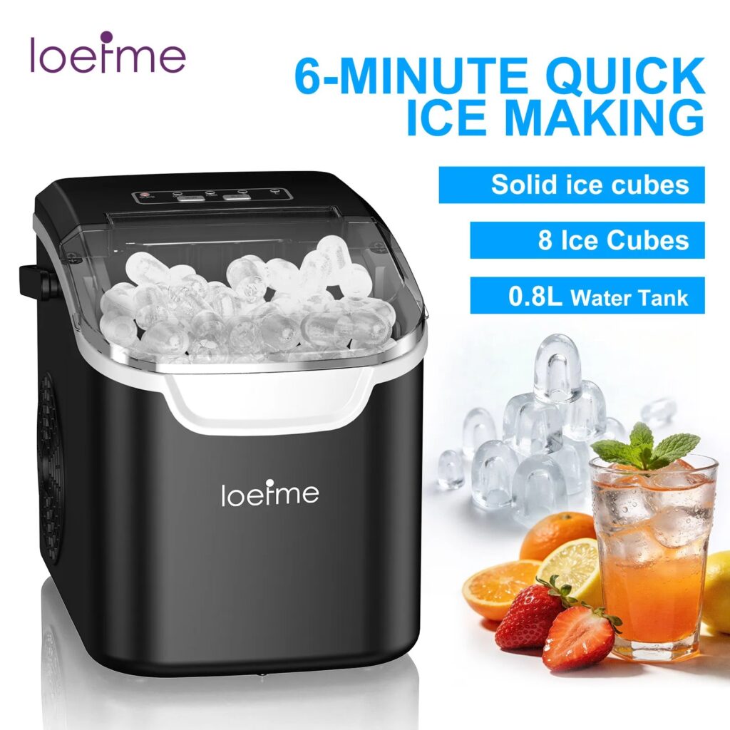 LOEFME Macchina per il Ghiaccio da Tavolo 12kg/24h, Portatile, Produzione Rapida in 6 Minuti, 8 Cubetti, Autopulente con Paletta per Casa, Campeggio, Feste