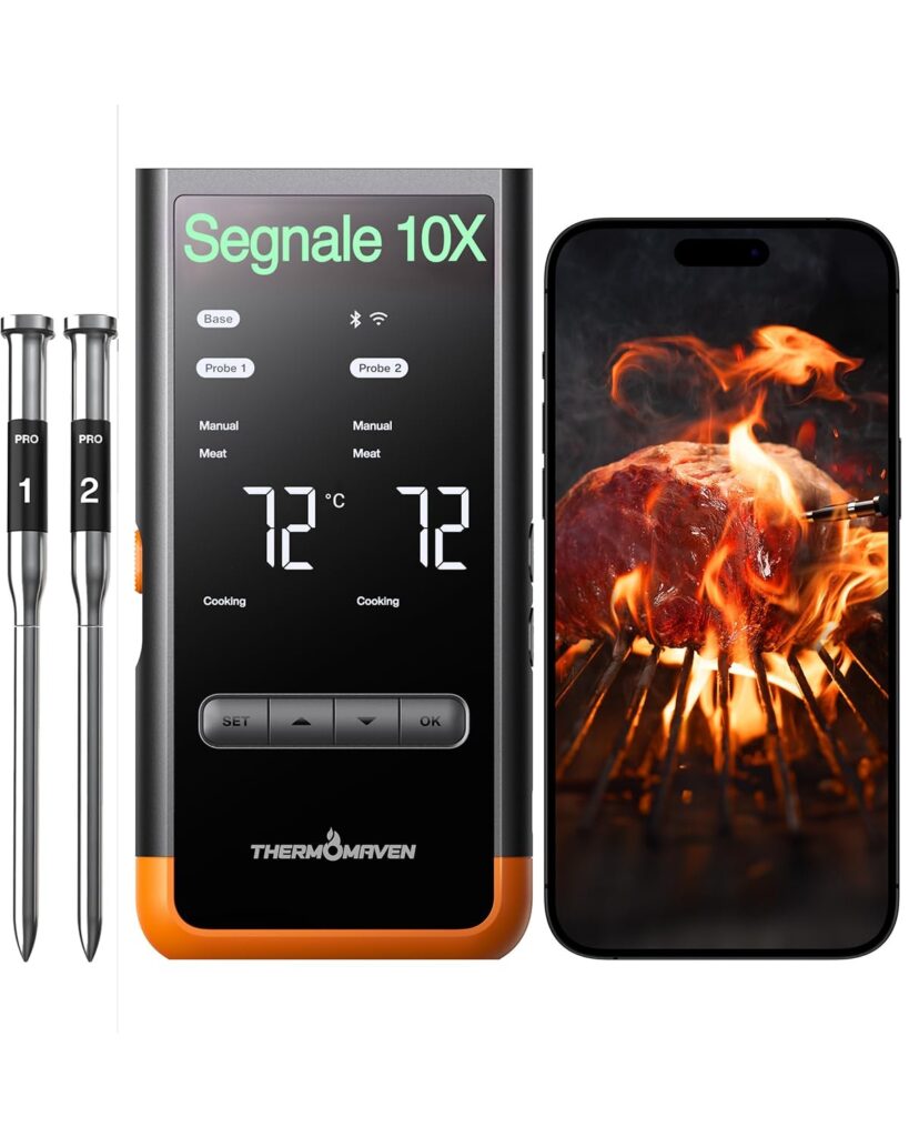 ThermoMaven G2 Termometro Cucina Wireless, 2 Sonde, 915 m Sub-1G & Wi-Fi | 6 Sensori, ±0,3 °C Precisione, Controllo via App o Base, Impermeabili IPX8, Sonde per Carne Barbecue For…