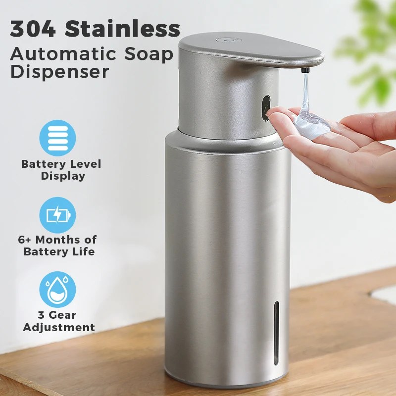 Dispenser di Sapone Automatico da Cucina 480ml con Sensore, Erogatore Intelligente di Disinfettante per Mani e Sapone Liquido in Acciaio Inox 304
