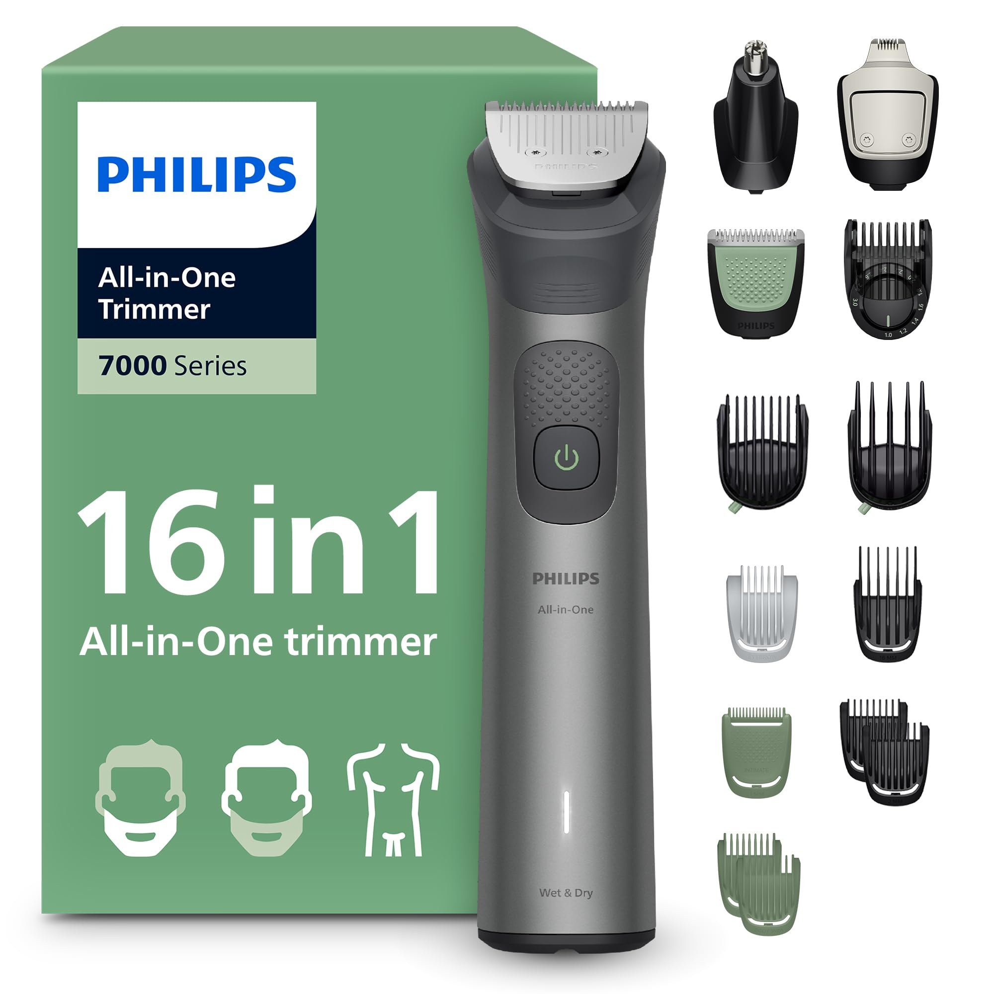 Philips Rifinitore All-in-one Multigroom Serie 7000 16 in 1 - Rifinitore per barba, capelli e corpo, lame autoaffilanti interamente in metallo, 21 impostazioni di lunghezza (0,5-1…