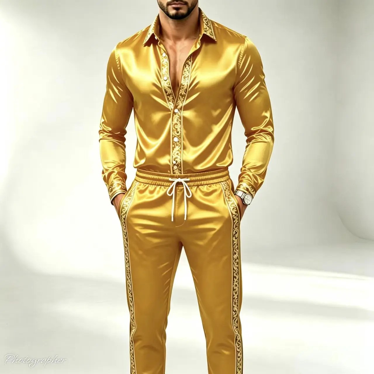 Men's 2 Piece Satin Silk Set Long Sleeve Button Down Shirt Drawstring Pants Luxury Gold Side Trim Party Wedding Casual Outfit