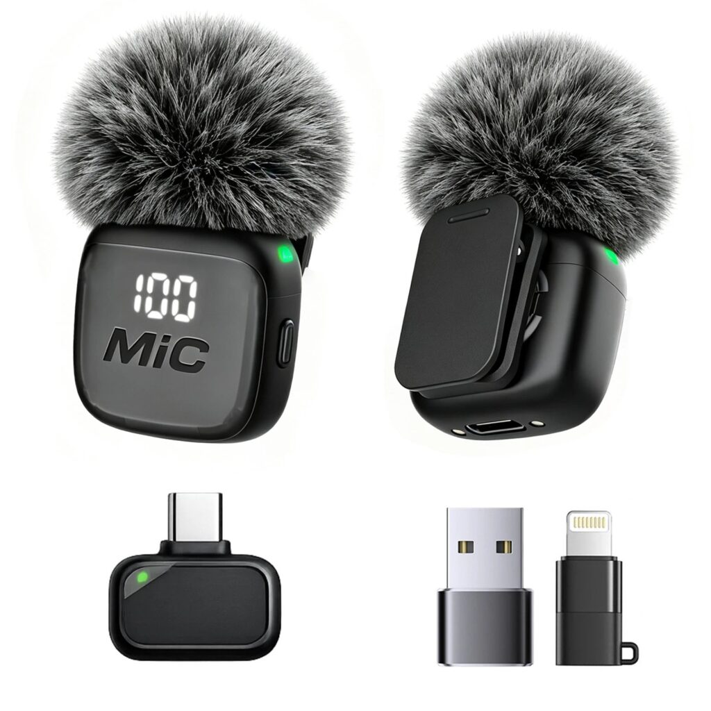Microfono Lavalier Wireless, Mini Microfono, Copertura Antivento, Tipo-C con Adattatore Lightning e USB, per Telefoni, Tablet, Laptop, Computer