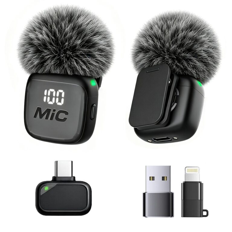 Microfono Lavalier Wireless, Mini Microfono, Copertura Antivento, Tipo-C con Adattatore Lightning e USB, per Telefoni, Tablet, Laptop, Computer