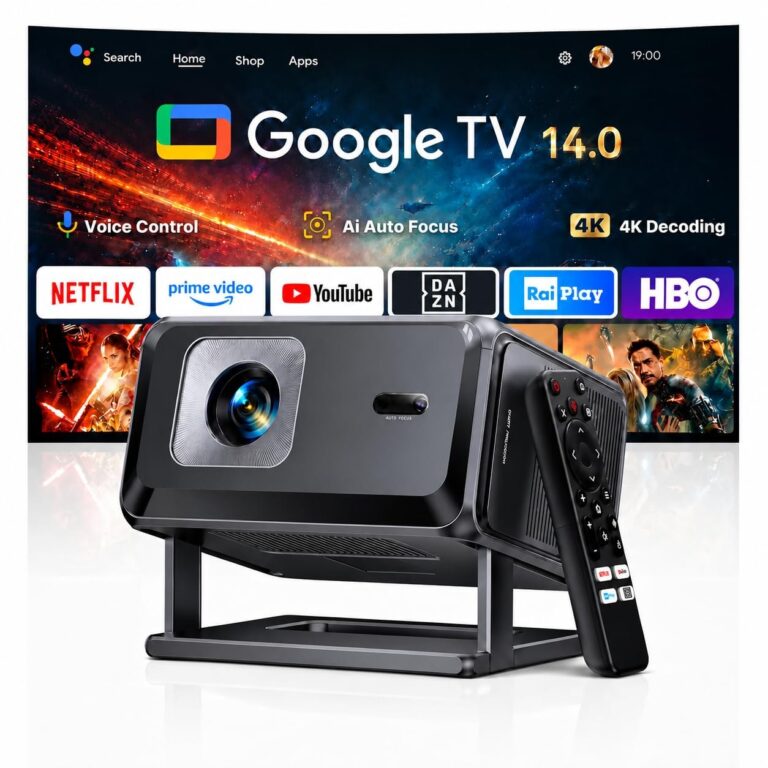 Proiettore 4K【Google TV 14】Proiettores Auto Focus e 6D Keystone Projector a Focale Corta Proiettore Portatile WiFi Bluetooth Proiettori Rotabile Videoproiettore Home Cinema per Ca…