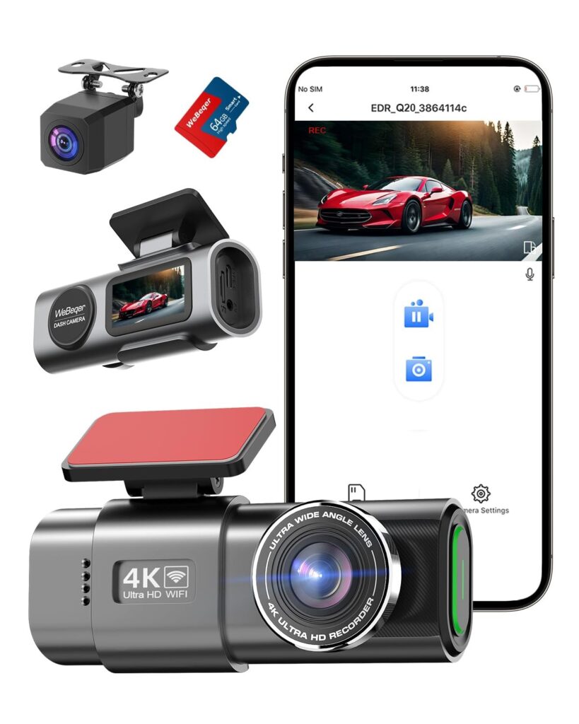 Telecamera WiFi per auto anteriore posteriore, 4K + 1080P per auto, controllo app con scheda SD da 64 G, visione notturna, sensore G, registrazione loop, WDR (Pollici, 1.47)