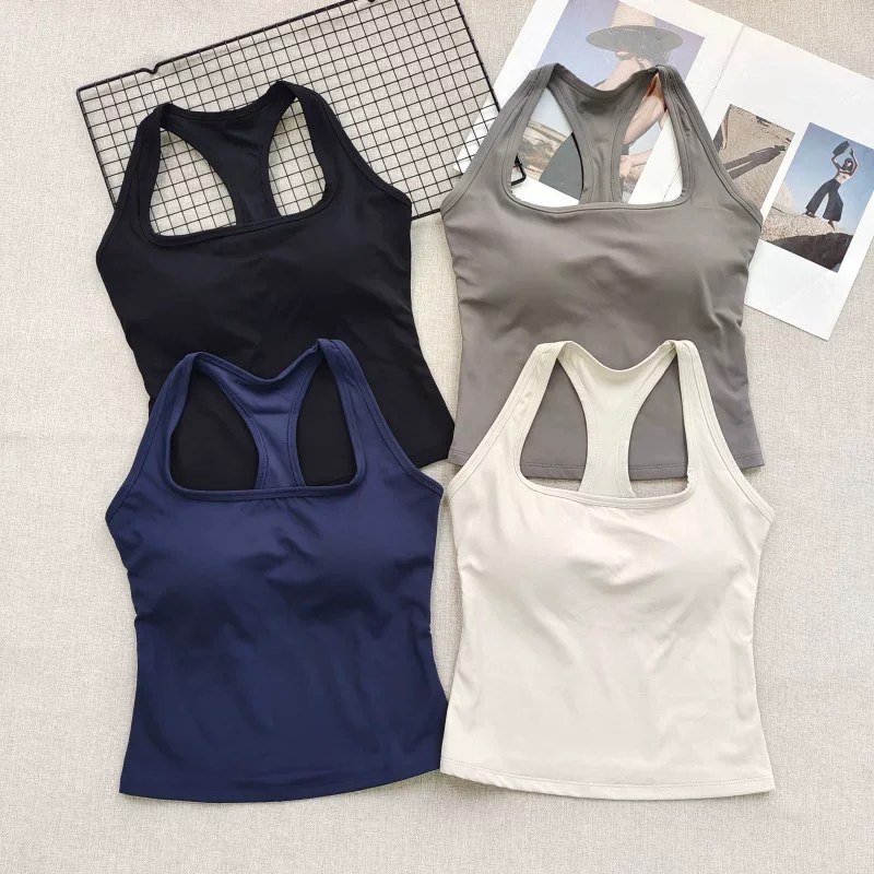 Reggiseno sportivo da donna con scollo quadrato e schiena incrociata, con imbottiture fisse antiurto per yoga, pilates, corsa e palestra