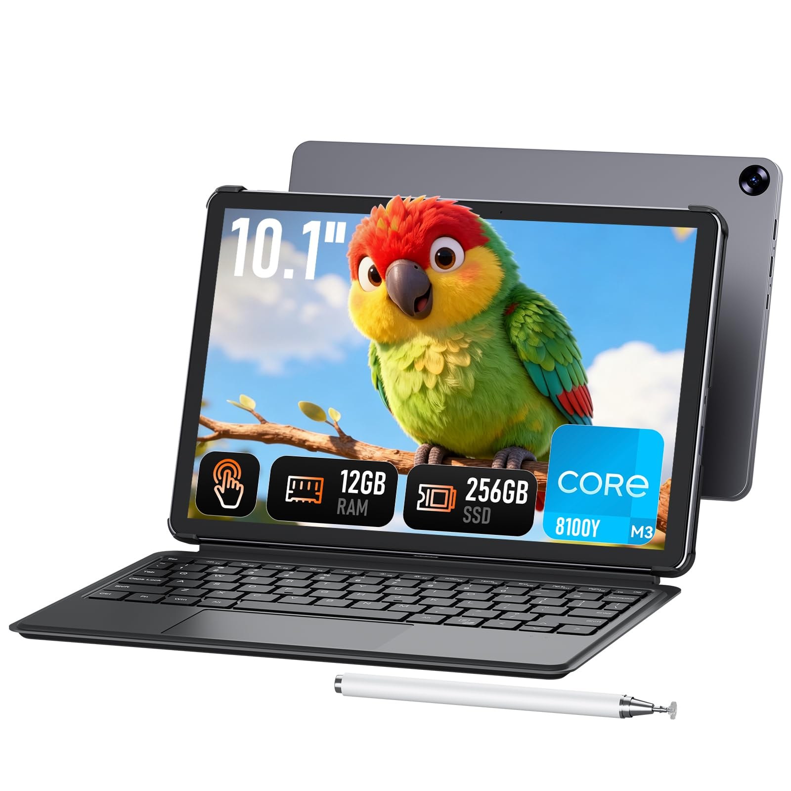 Vowmoon Laptop Tablet 2-in-1 da 10,1", 12 GB RAM, SSD 256 GB, M3-8100Y (fino a 3,40 GHz) Win 11 Touchscreen con stilo e tastiera | Wi-Fi 5, Bluetooth 5, HDMI (Grigio)