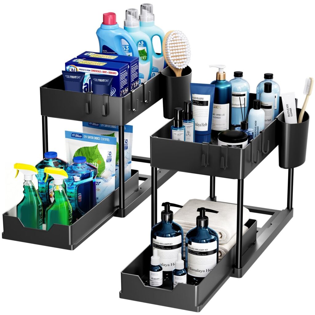 Puricon 2 Pezzi Organizer Sottolavello a 2 Livelli, Portaoggetti Ripiano Multiuso per Cucina Bagno -Nero