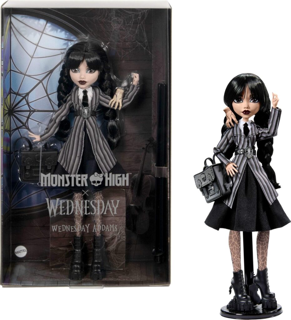 Monster High x Mercoledì Addams Bambola | Bambola da collezione Mercoledì con uniforme nera Nevermore, Mano, zaino, supporto, HXJ04