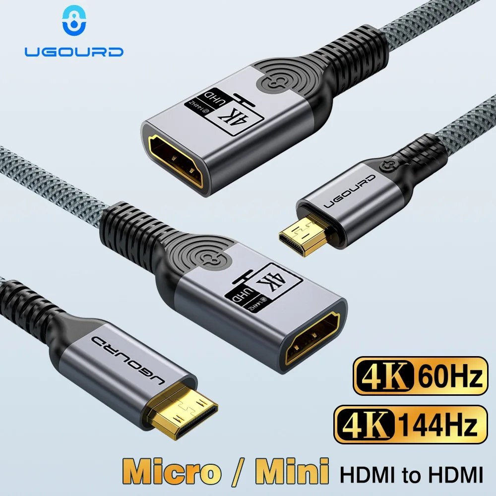 UGOURD Cavo Prolunga Mini & Micro HDMI a HDMI Femmina 0.2M 4K 144Hz 60Hz Adattatore MicroHDMI Cavo Convertitore MiniHDMI per Fotocamera