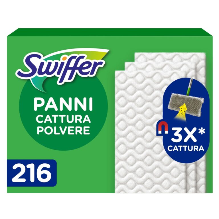 Swiffer Dry, Ricariche Microfibra Catturapolvere, 216 Panni, Giga Pack | Cattura 3 Volte Più Polvere e Peli di Animali/Capelli Rispetto alla Scopa Tradizionale, Ottimo e Sicuro pe…