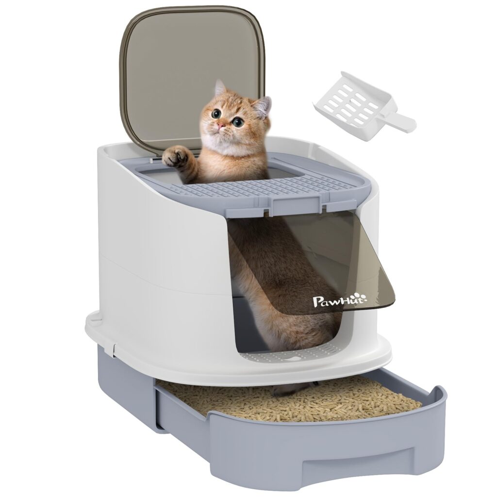 PawHut Lettiera per Gattini Chiusa con 2 Porte 40.5x52.5x42.5 cm Grigio | Vassoio Estraibile, Paletta e Deodorante, Lettiera per Gatti in PP
