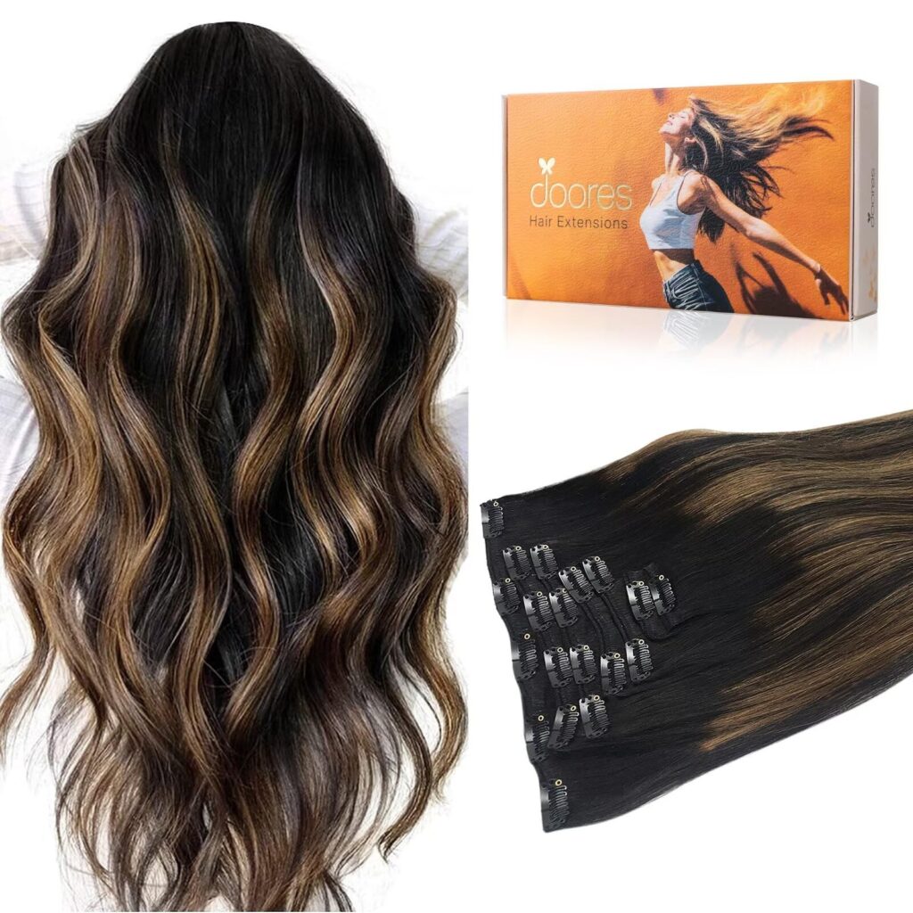 DOORES Extension Capelli Veri Clip, Nero Naturale Misto Marrone 45cm 18 Pollici 7 Pezzi 120g Remy Extension Clip Capelli Veri Capelli Veri Lisci Umani Extension Naturali Extension…