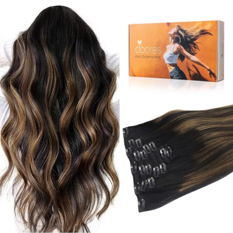 DOORES Extension Capelli Veri Clip, Nero Naturale Misto Marrone 45cm 18 Pollici 7 Pezzi 120g Remy Extension Clip Capelli Veri Capelli Veri Lisci Umani Extension Naturali Extension…