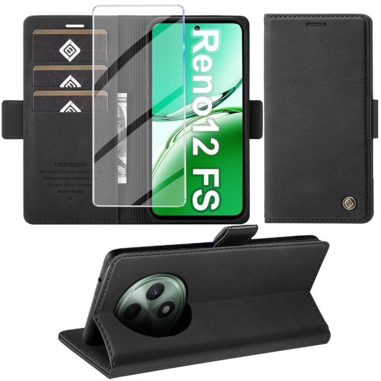 Giyer Cover per OPPO Reno12 FS/F 5G Custodia con Vetro Temperato, Premium Pelle PU Portafoglio Slot per Scheda RFID Antifurto Funzione Supporto Flip Case, Antiurto per OPPO Reno12…