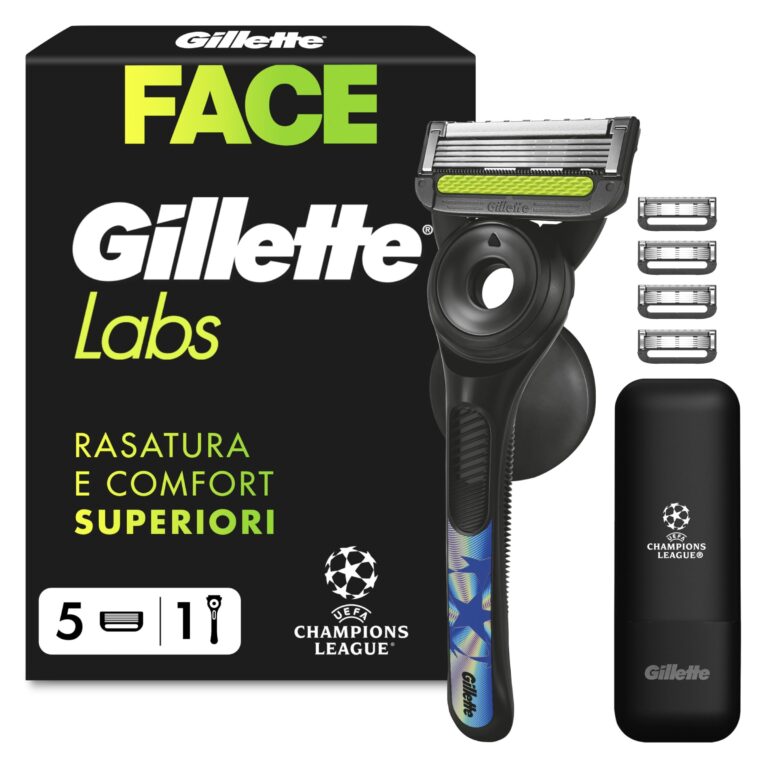 Gillette Labs Uefa Champions League Rasoio Barba Uomo, 5 Lamette | Manico in Acciaio Inossidabile, Rasoio da Uomo, Barra Esfoliante, 1 Manico + 5 Lamette di Ricambio, Base Magneti…