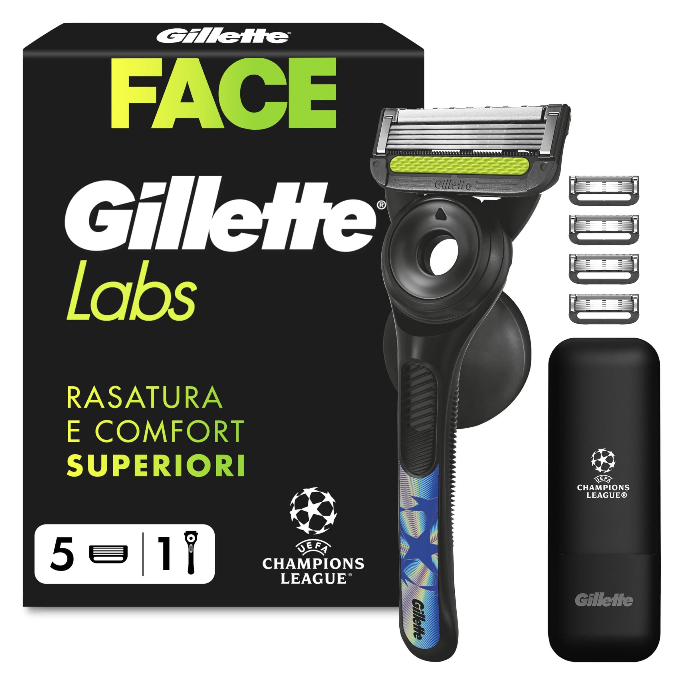 Gillette Labs Uefa Champions League Rasoio Barba Uomo, 5 Lamette | Manico in Acciaio Inossidabile, Rasoio da Uomo, Barra Esfoliante, 1 Manico + 5 Lamette di Ricambio, Base Magneti…