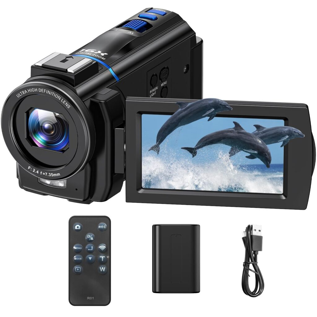 Camcorder 5K 48MP Videocamera YouTube Vlogging, Visione Notturna Webcam, zoom digitale 16X, Schermo Tattile 3" 270°, Camera Vlog con luce di riempimento, telecomando, Batteria per…