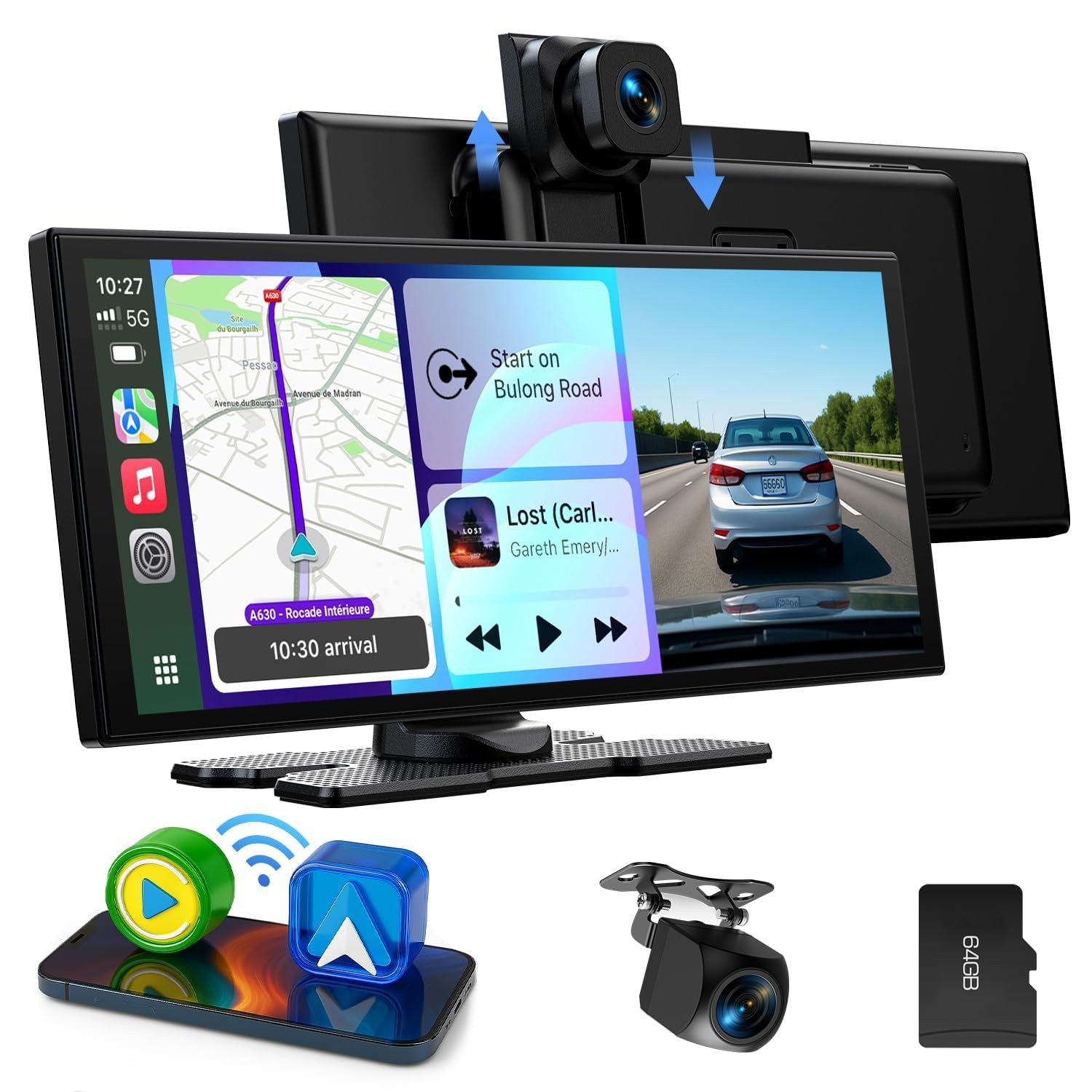 LAMTTO Wireless CarPlay Android Auto Display 10,25 Pollici Schermo per Auto Car Play con Dashcam Anteriore Posteriore 2,5K+1080P con Assistente Vocale Navigazione Bluetooth FM AUX…