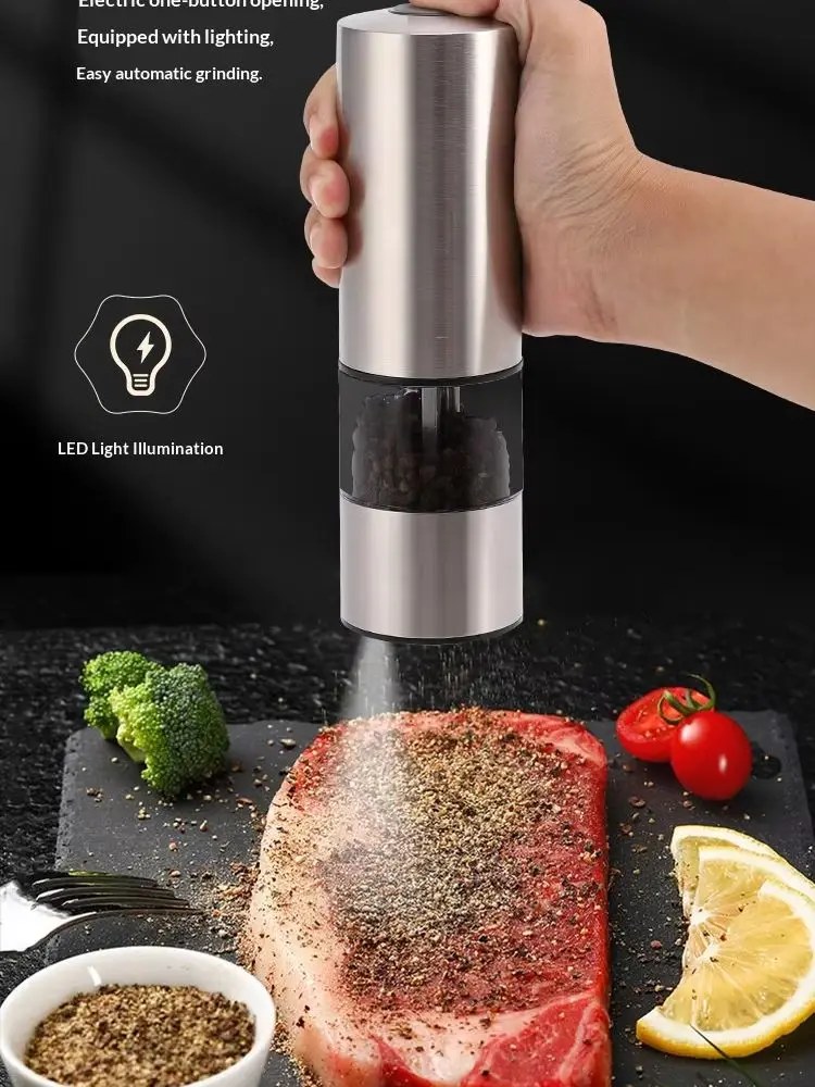 Set di macinapepe e macinasale elettrici a batteria in acciaio inossidabile con luce LED per la cucina