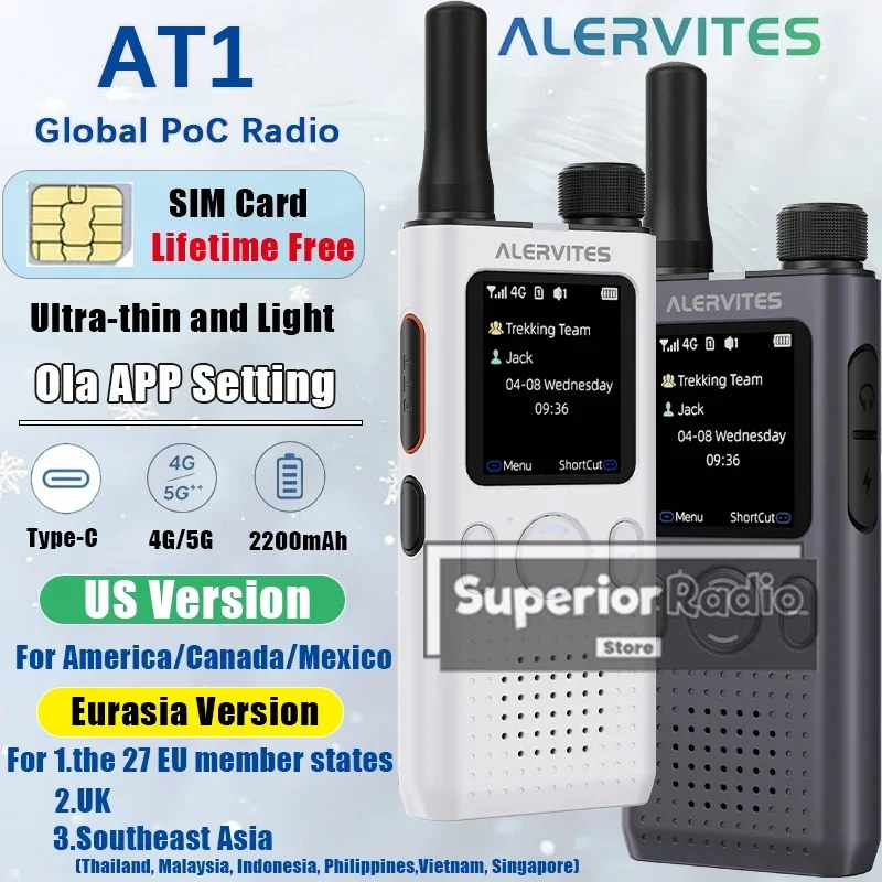 ALERVITES PoC AT1 Mini Walkie Talkie Globale Baofeng Radio 4G LTE 5G Versione USA/Europa Configurazione APP OLA Tipo-C Ultra-leggero Sottile