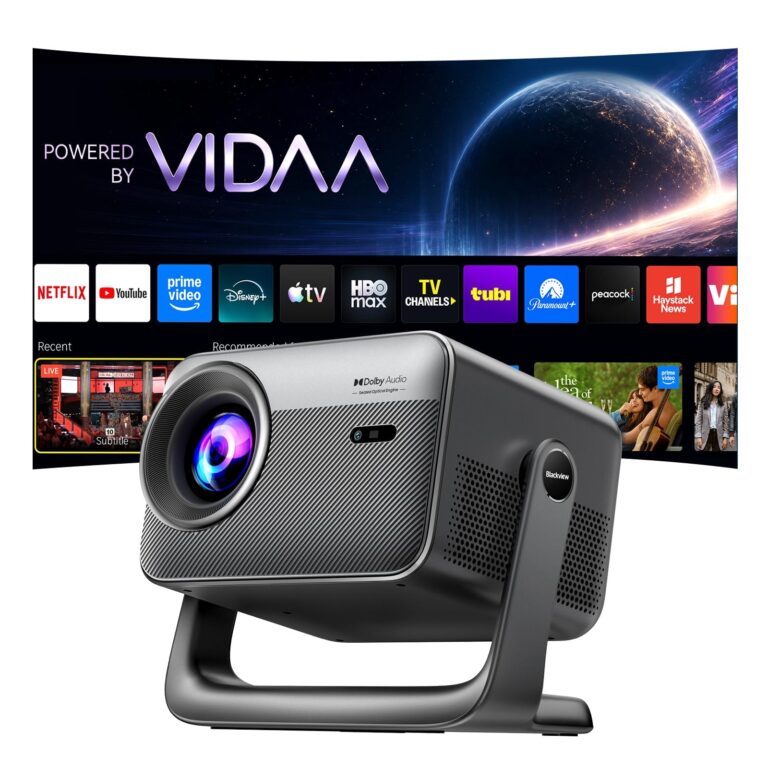 Blackview Proiettore 4K 2026, 1000 ANSI Lumens con Sistema Vidaa Smart TV | Auto Focus & 6D Keystone, HDR10/HLG, Audio Dolby, Bluetooth/WiFi, AirPlay2, Rotazione 360° PTZ, per Cas…