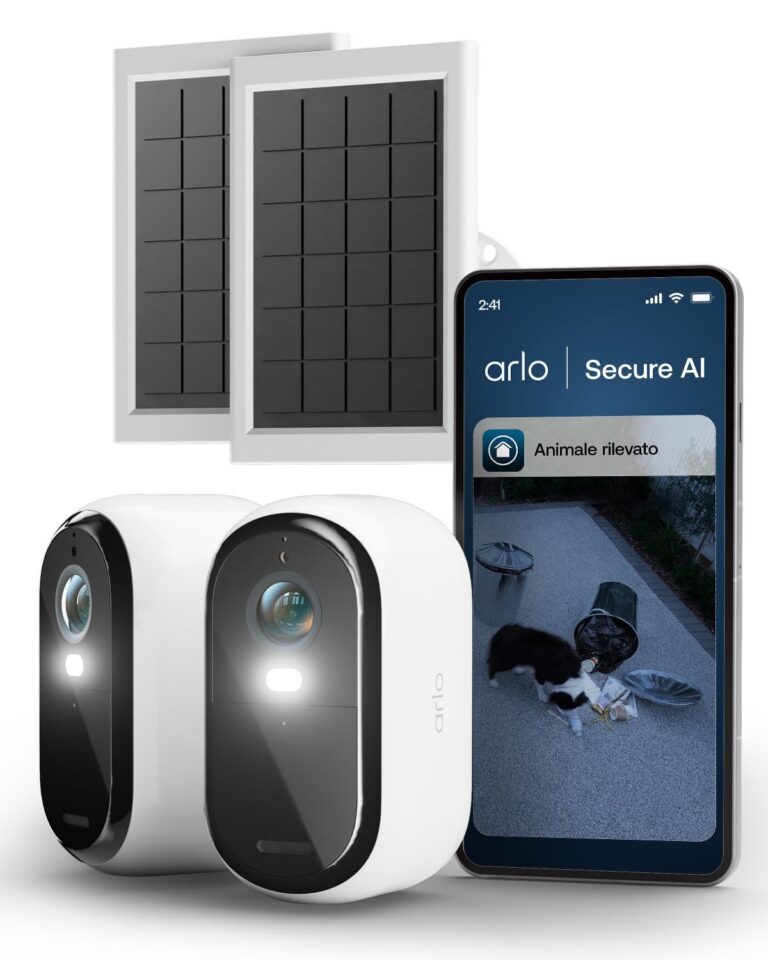Arlo Essential 3 Telecamera WiFi Esterno Senza Fili + Pannello Solare (2), HD, Telecamera WiFi Interno, Sirena Allarme Casa, Sensore Di Movimento, Prova Inclusa Secure, 2 Telecame…