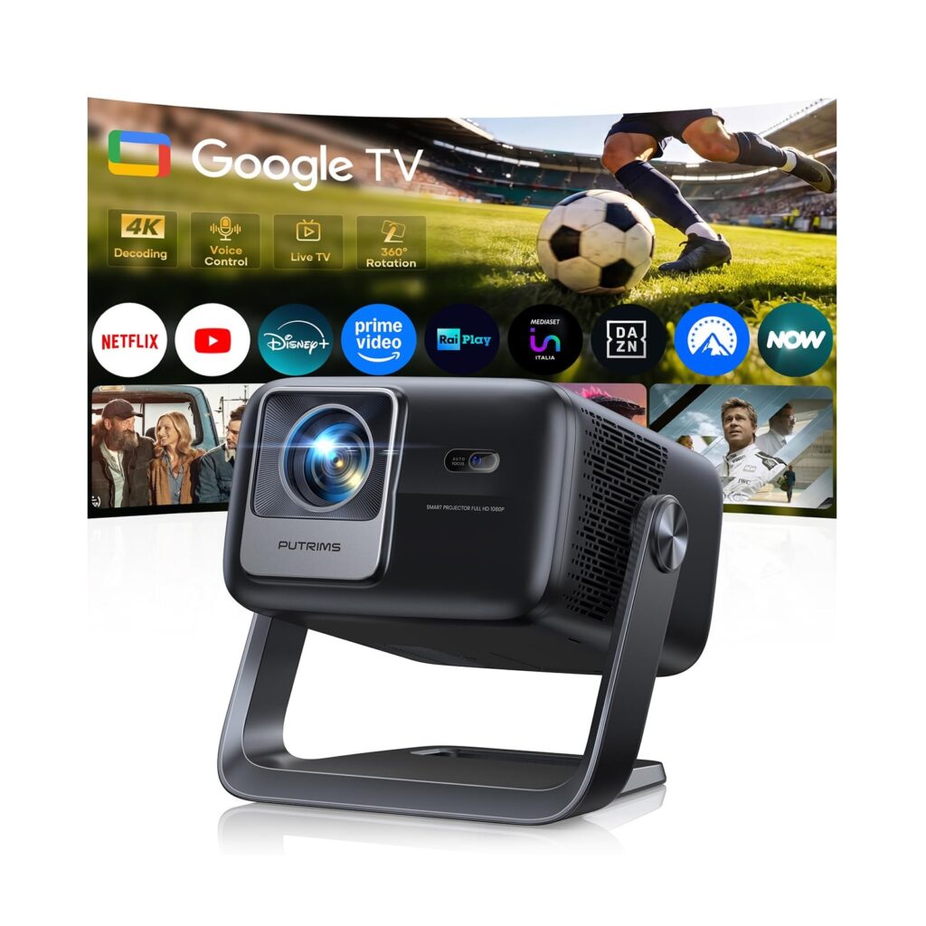 Proiettore 4K【Google TV, 1200 ANSI, 360° Rotazione, 30W HiFi】Videoproiettore HDR10 Auto Focus e 6D Keystone, WiFi Bluetooth, Proiettore Portatile Controllo Vocale, Projector Soffi…