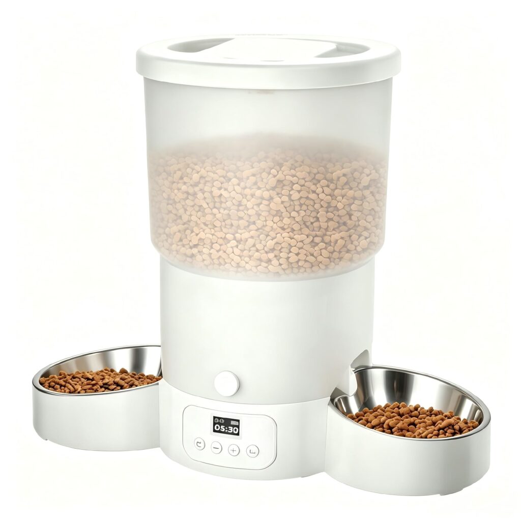 Gimars 5L Distributore Automatico Cibo Gatti 2 Ciotole in Acciaio Inossidabile, Distribuzione Uniforme, Dispenser Crocchette Gatti e Cani Programmabile da 1-6 Pasti al Giorno, Reg…