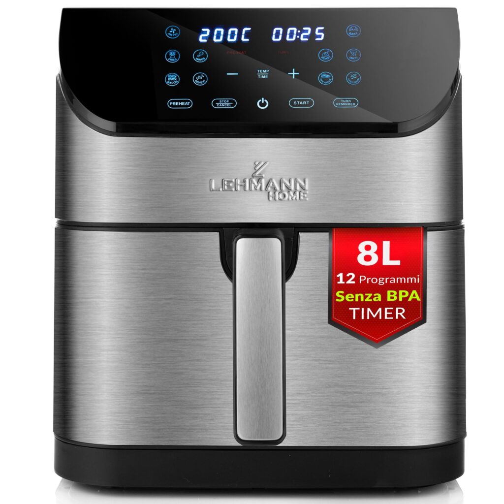 LEHMANN LEHMANN Friggitrice ad Aria XXL 8L con Divisorio Rimovibile, Air Fryer Doppia Zona Flessibile 1800 W, 12 Modalità Intelligenti & 76-200°C, Pannello Digitale, Lavabile in L…
