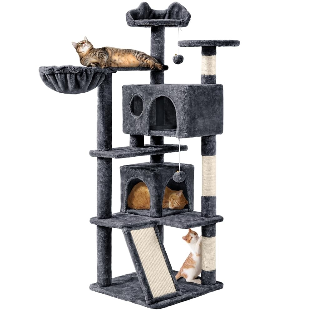 Yaheetech Albero Tiragraffi per Gatti Adulti 144,5 cm XXL Grigio Scuro | Torre a più livelli con rampa graffiatoio e 3 pali in sisal, 2 casetta 2 palline appese e 1 cesto, giochi…