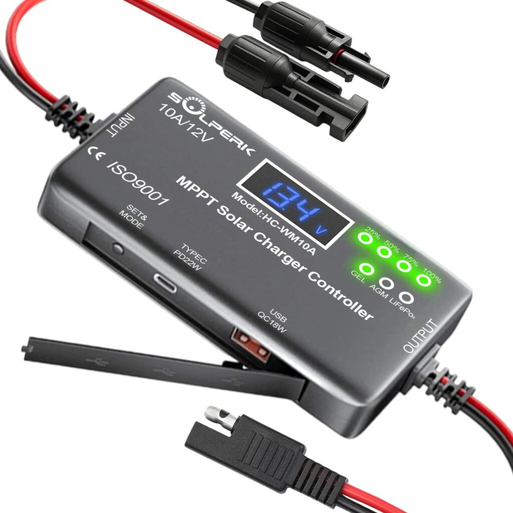 Regolatore di Carica Solare MPPT 10A 12V con Display LCD, Regolatore di Carica per Pannelli Solari con Uscita Type-C e USB