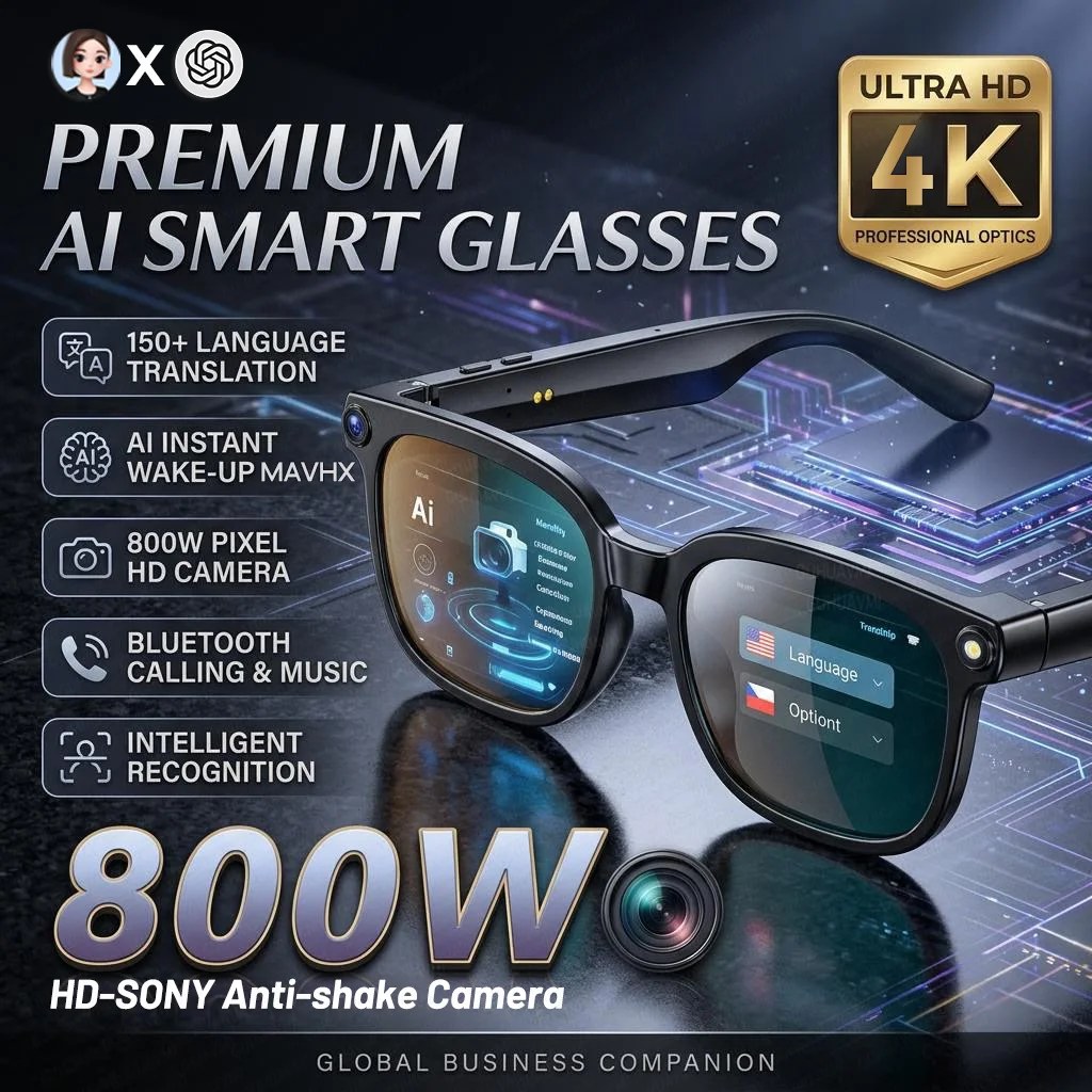 Occhiali Smart 4K 8MP 2026 da Uomo con Fotocamera HD, Traduzione in oltre 150 Lingue, ChatGPT, Registrazione Video WIFI, Chiamate Bluetooth e Audio, anche per Donna
