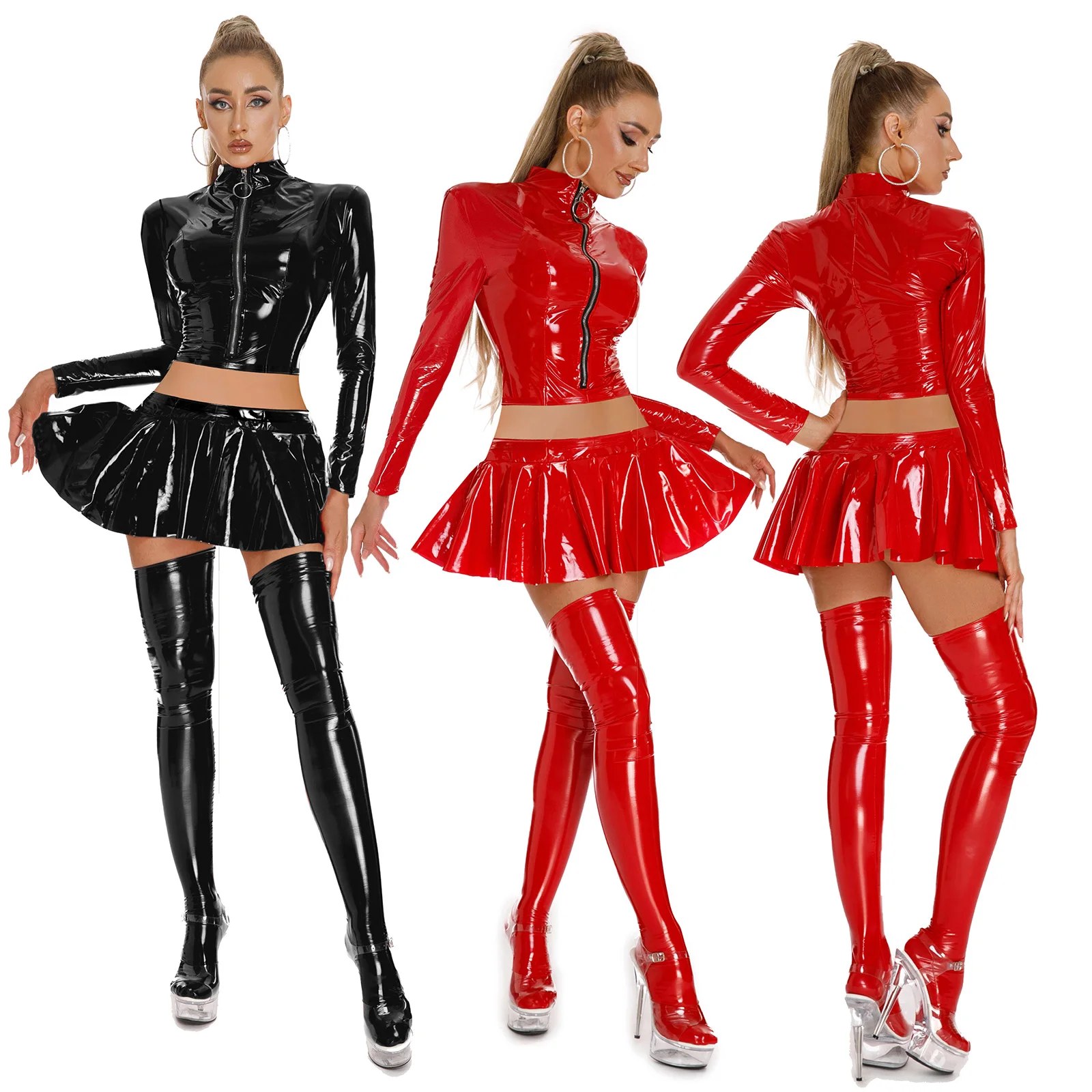Completo da Club in Pelle PU Lucida a 2 Pezzi per Donna: Giacca Corta con Zip Frontale a Maniche Lunghe e Minigonna Plissettata per Pole Dance e Rave