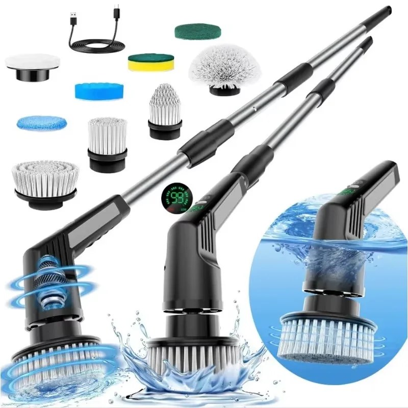 Spazzola Elettrica Multifunzione 9 in 1 Senza Fili per Bagno, 8 Spazzole con Manico Estensibile Regolabile per Doccia