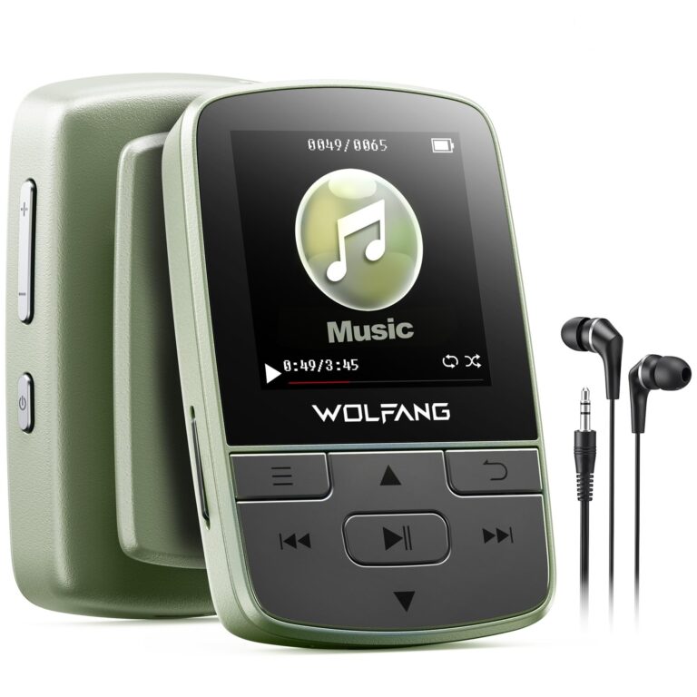 WOLFANG Lettore MP3 da con Bluetooth 5.2, clip sportiva (Verde Militare) | formato mini, peso 28,3 g, radio FM HiF, registratore vocale, auricolari inclusi, Scheda SD non inclusa