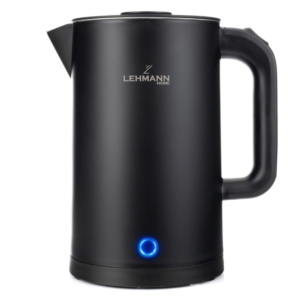 LEHMANN Bollitore Elettrico, 1,7L, 2200W, Riscaldamento Rapido, Design a Doppia Parete, Acciaio Inox, Base Girevole 360°, Spegnimento Automatico, BPA-free – per Tè, Caffè, Pappe,…